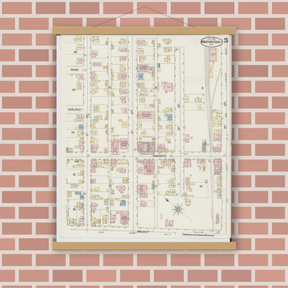 Old map wall art mockup — magnetic wood frame on brick wall — Sanborn Fire Insurance Map from Martins Ferry, Belmont County, Ohio (1890), Sheet #0003