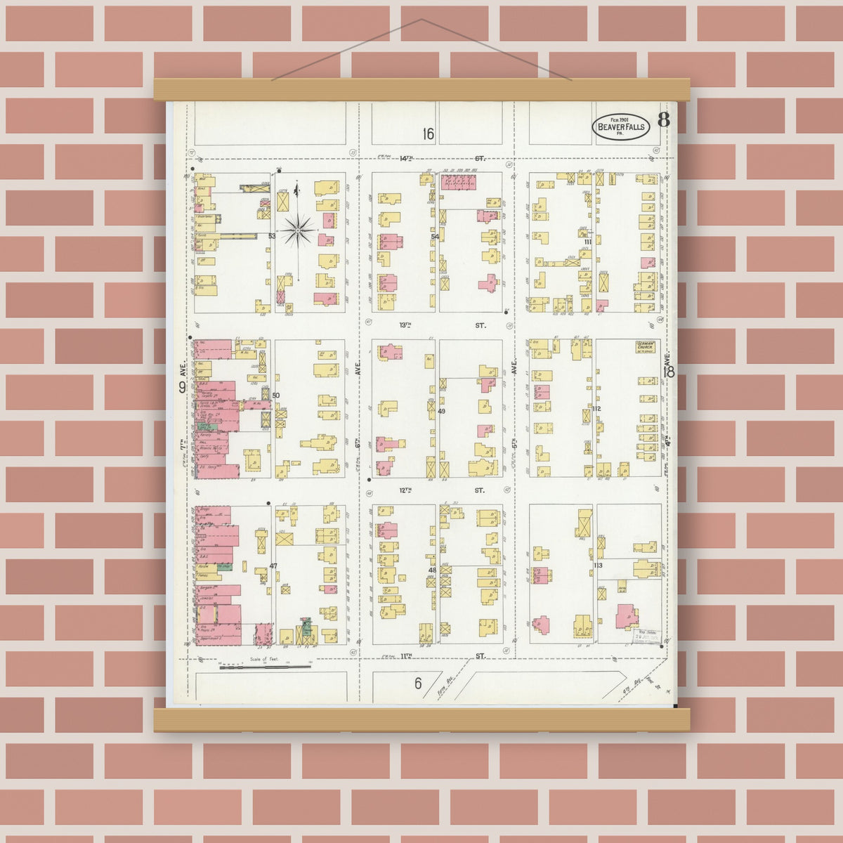 Old map wall art mockup — magnetic wood frame on brick wall — Sanborn Fire Insurance Map from Beaver Falls, Beaver County, Pennsylvania (1901), Sheet #0008
