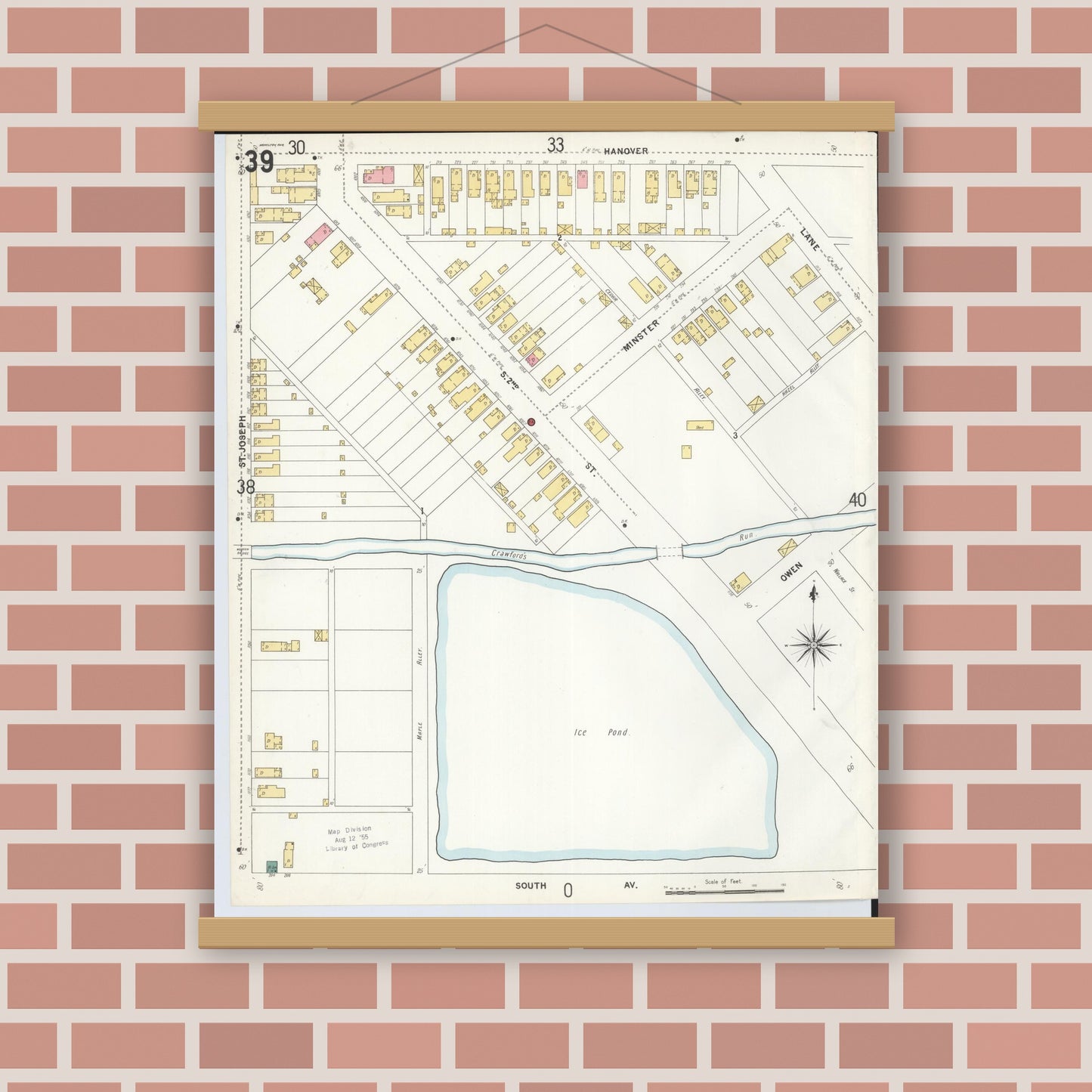 Old map wall art mockup — magnetic wood frame on brick wall — Sanborn Fire Insurance Map from Hamilton, Butler County, Ohio (1899), Sheet #0039
