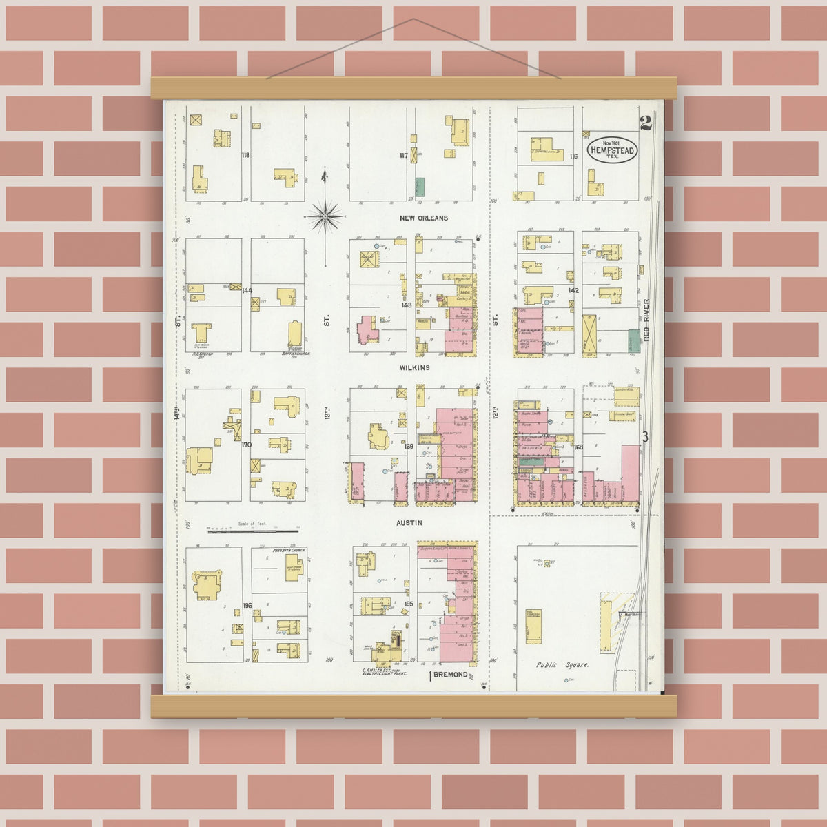 Old map wall art mockup — magnetic wood frame on brick wall — Sanborn Fire Insurance Map from Hempstead, Waller County, Texas (1901), Sheet #0002