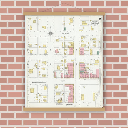Old map wall art mockup — magnetic wood frame on brick wall — Sanborn Fire Insurance Map from Hempstead, Waller County, Texas (1901), Sheet #0002