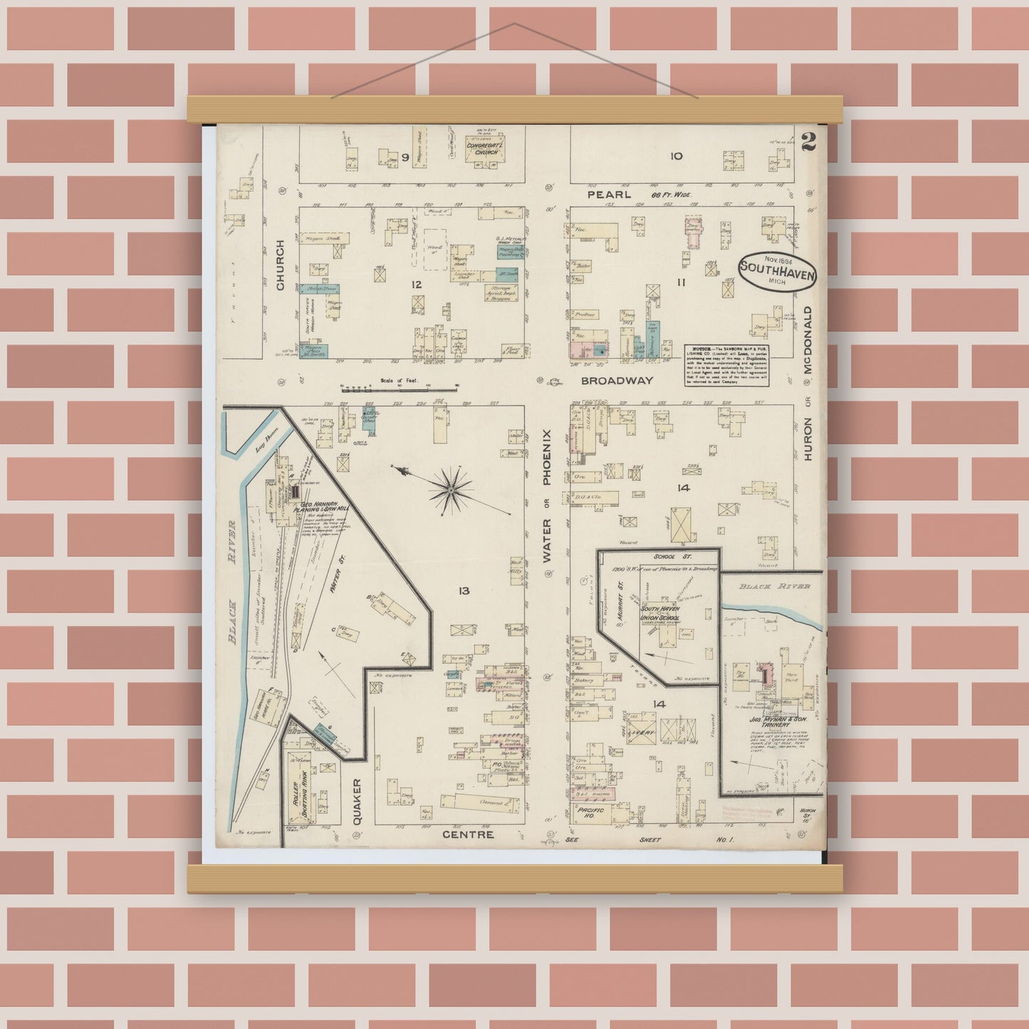 Old map wall art mockup — magnetic wood frame on brick wall — Sanborn Fire Insurance Map from South Haven, Van Buren County, Michigan (1884), Sheet #0002