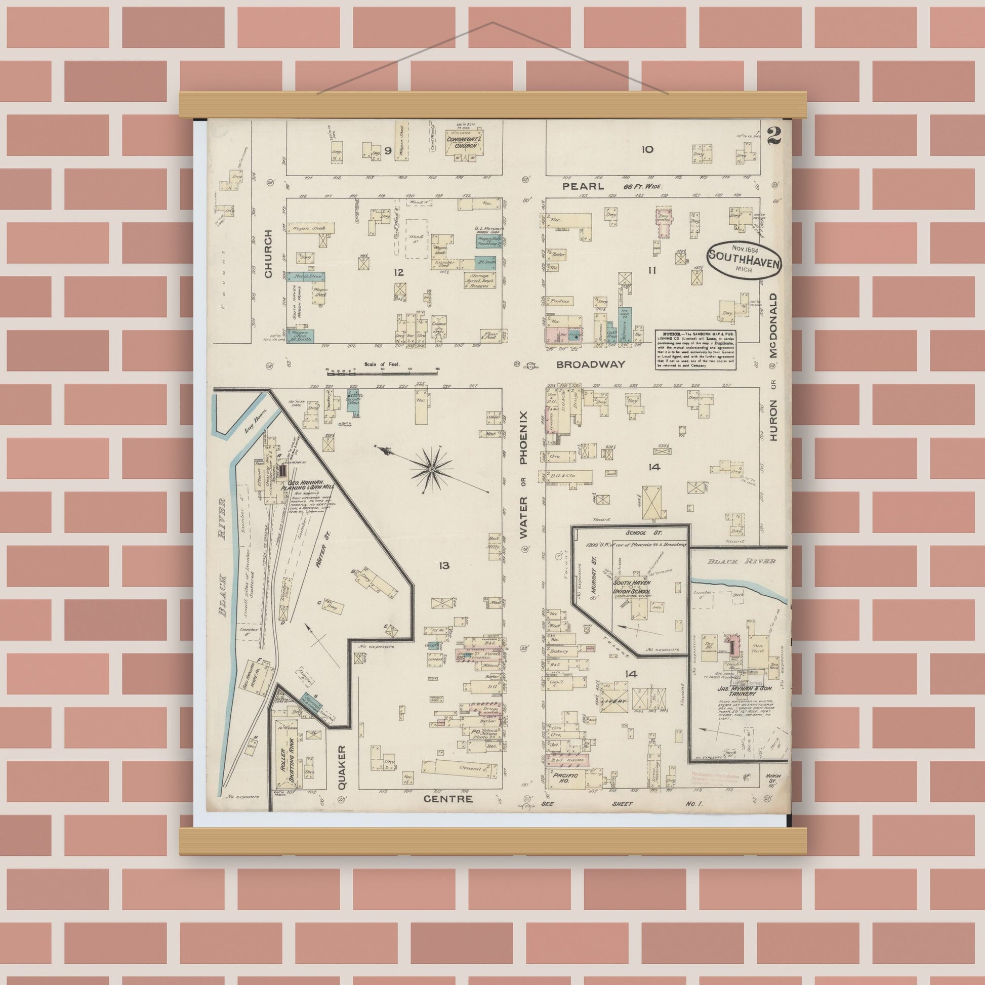 Old map wall art mockup — magnetic wood frame on brick wall — Sanborn Fire Insurance Map from South Haven, Van Buren County, Michigan (1884), Sheet #0002