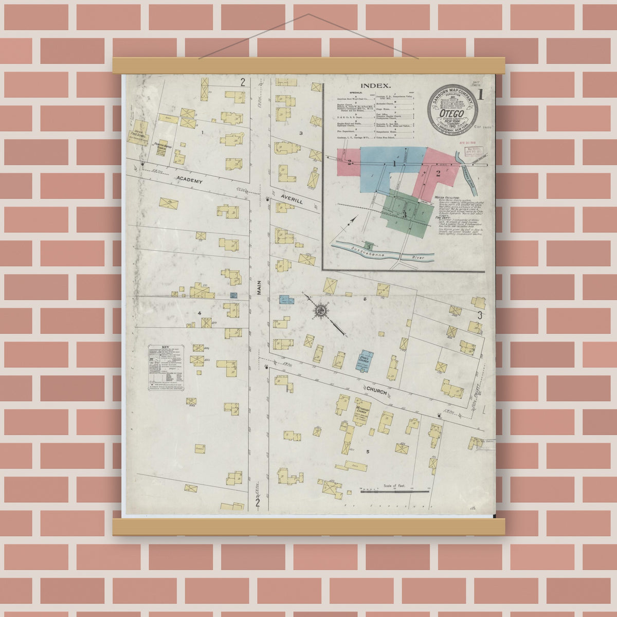 Old map wall art mockup — magnetic wood frame on brick wall — Sanborn Fire Insurance Map from Otego, Otsego County, New York (1910) - Complete Map Set