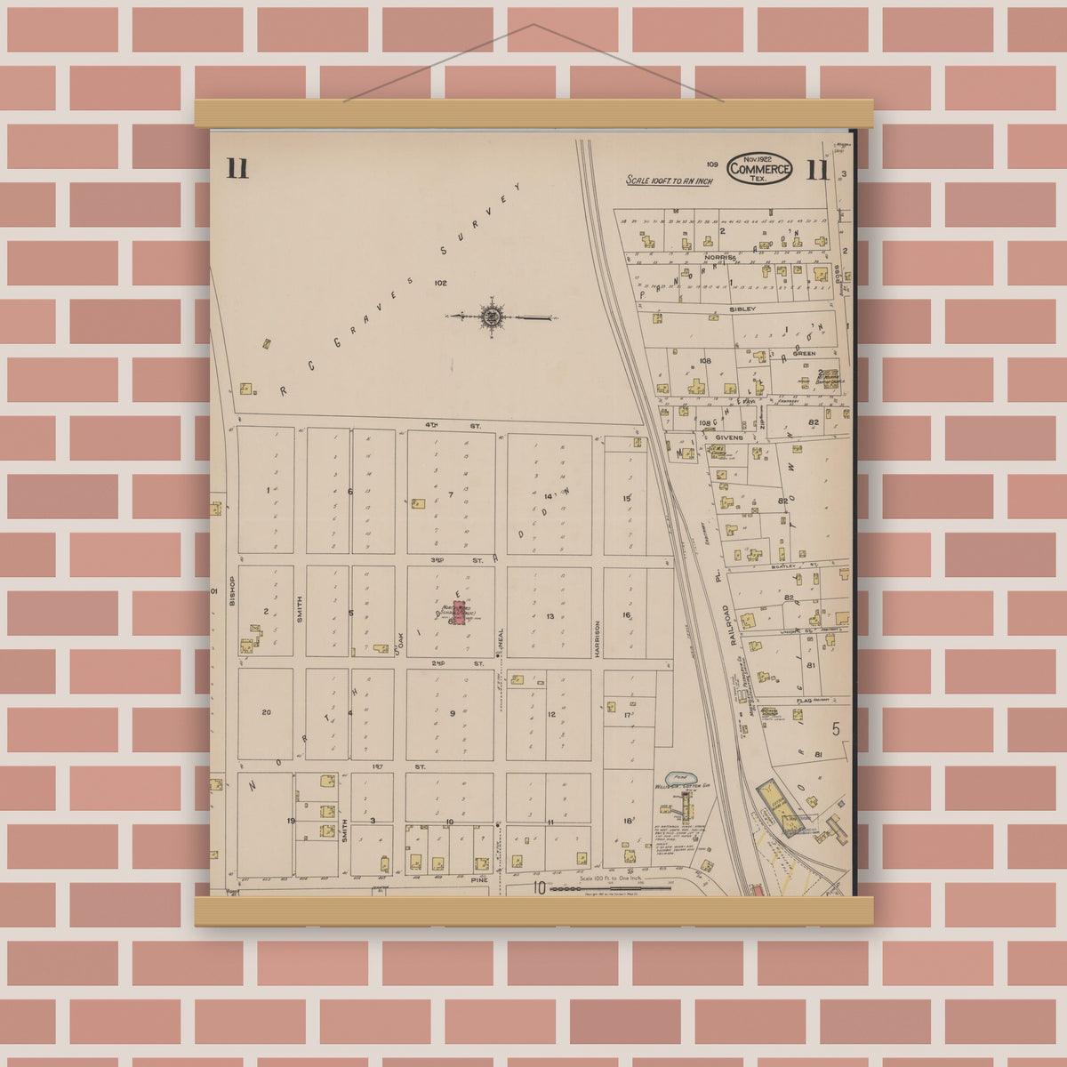 Old map wall art mockup — magnetic wood frame on brick wall — Sanborn Fire Insurance Map from Commerce, Hunt County, Texas (1922), Sheet #0011