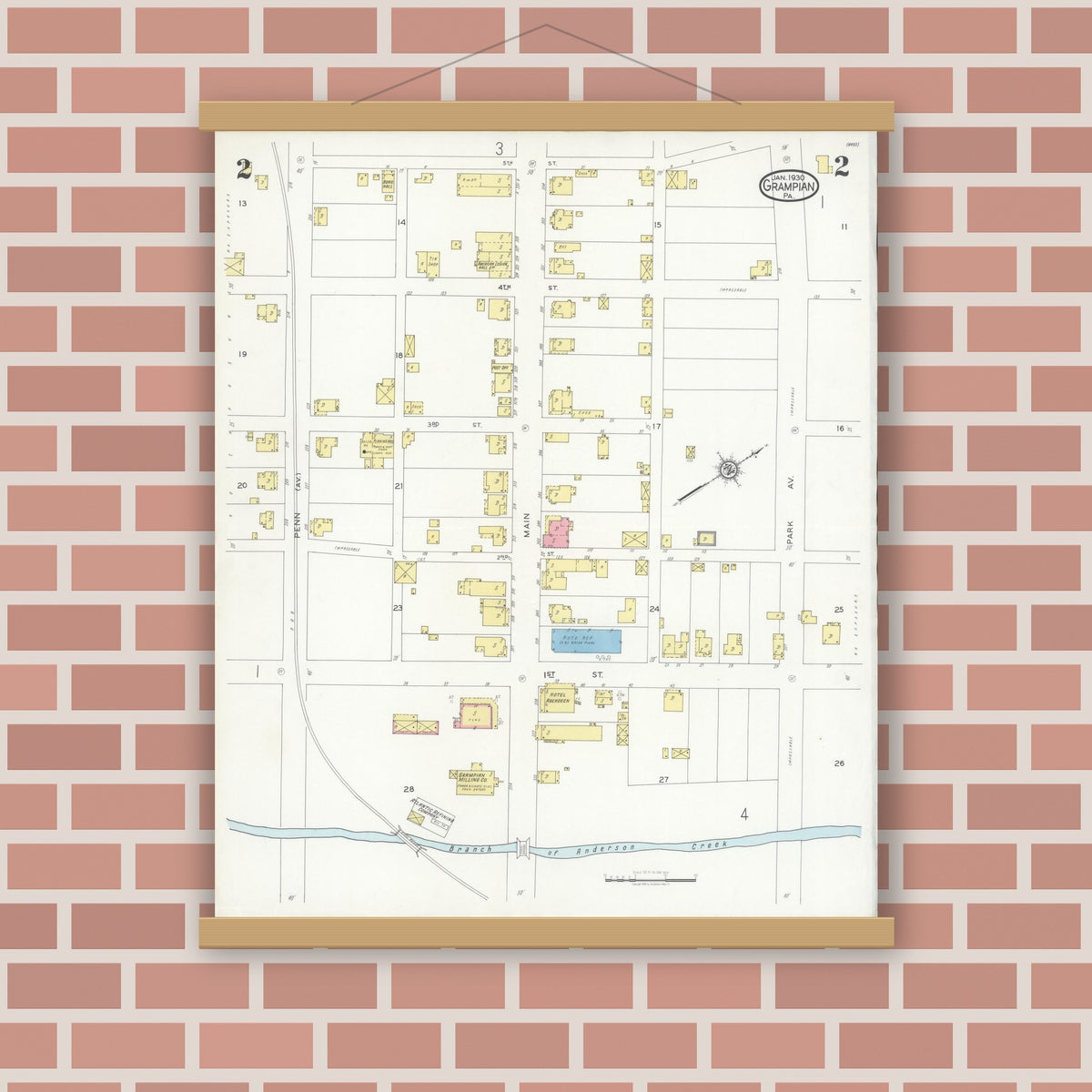 Old map wall art mockup — magnetic wood frame on brick wall — Sanborn Fire Insurance Map from Grampian, Clearfield County, Pennsylvania (1930), Sheet #0002