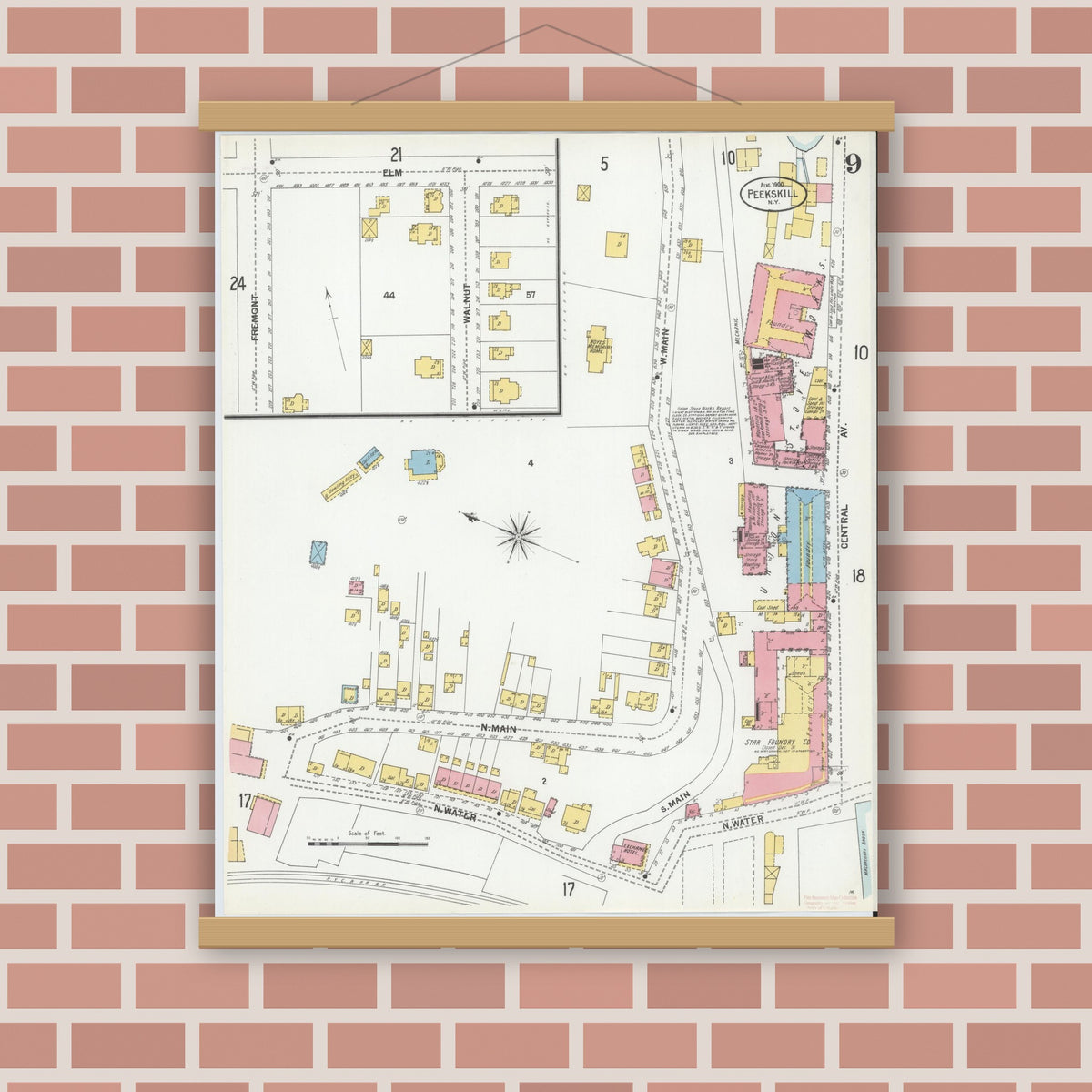 Old map wall art mockup — magnetic wood frame on brick wall — Sanborn Fire Insurance Map from Peekskill, Westchester County, New York (1900), Sheet #0009