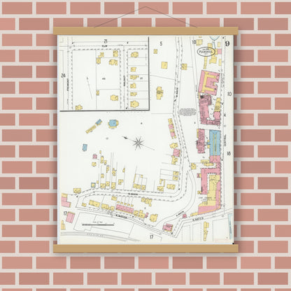Old map wall art mockup — magnetic wood frame on brick wall — Sanborn Fire Insurance Map from Peekskill, Westchester County, New York (1900), Sheet #0009