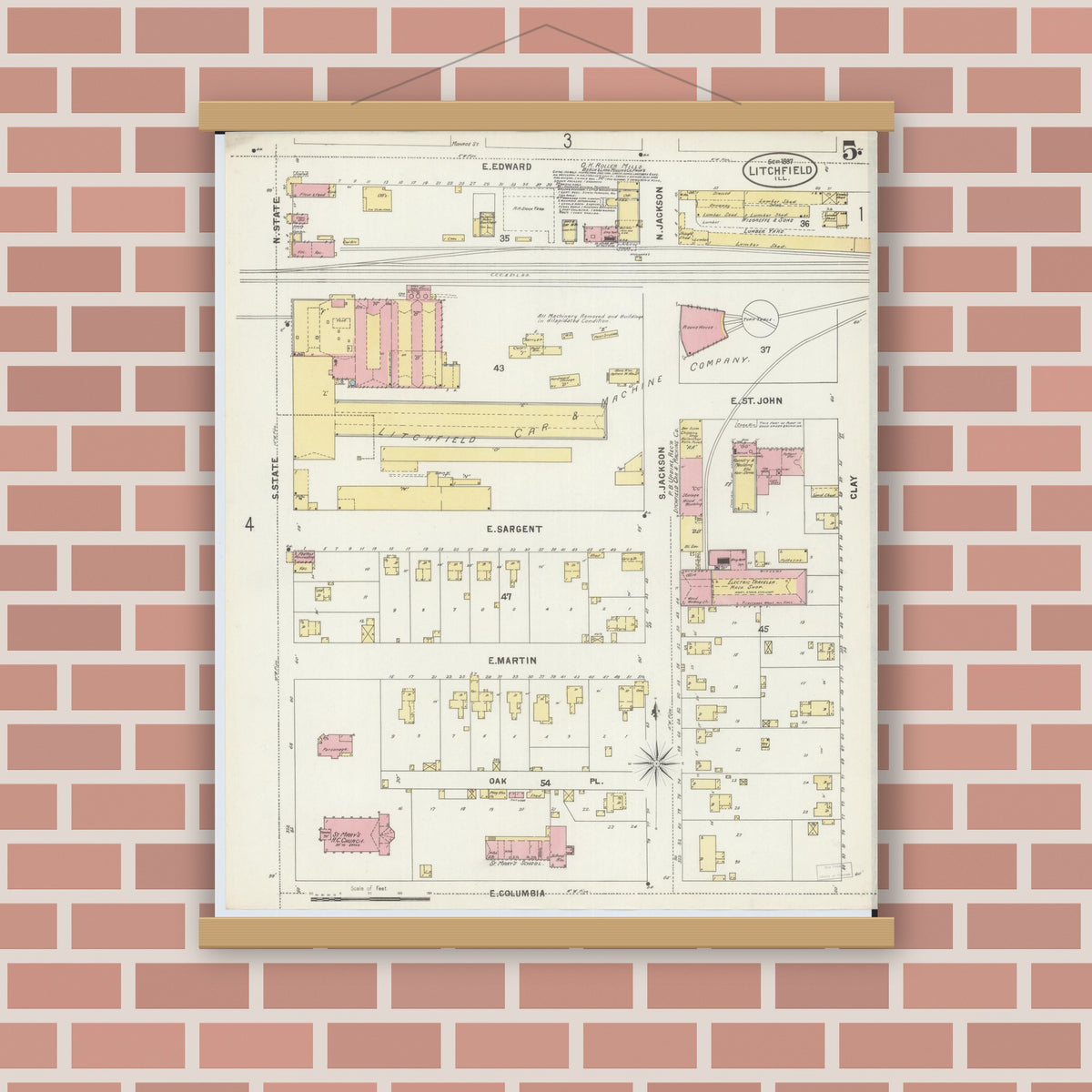 Old map wall art mockup — magnetic wood frame on brick wall — Sanborn Fire Insurance Map from Litchfield, Montgomery County, Illinois (1897), Sheet #0005