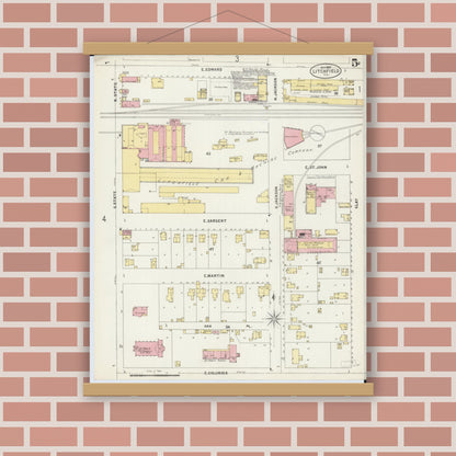 Old map wall art mockup — magnetic wood frame on brick wall — Sanborn Fire Insurance Map from Litchfield, Montgomery County, Illinois (1897), Sheet #0005