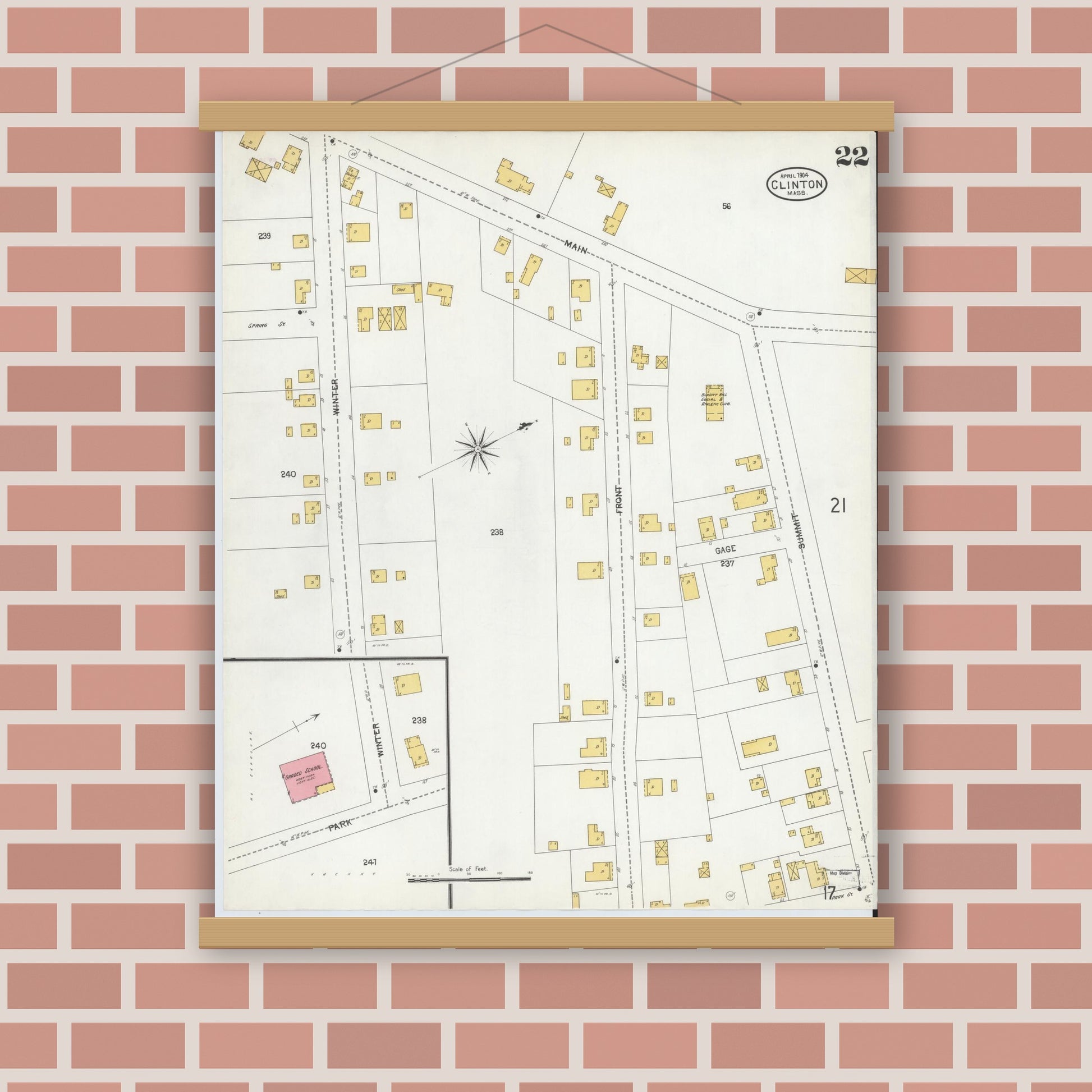 Old map wall art mockup — magnetic wood frame on brick wall — Sanborn Fire Insurance Map from Clinton, Worcester County, Massachusetts (1904), Sheet #0022