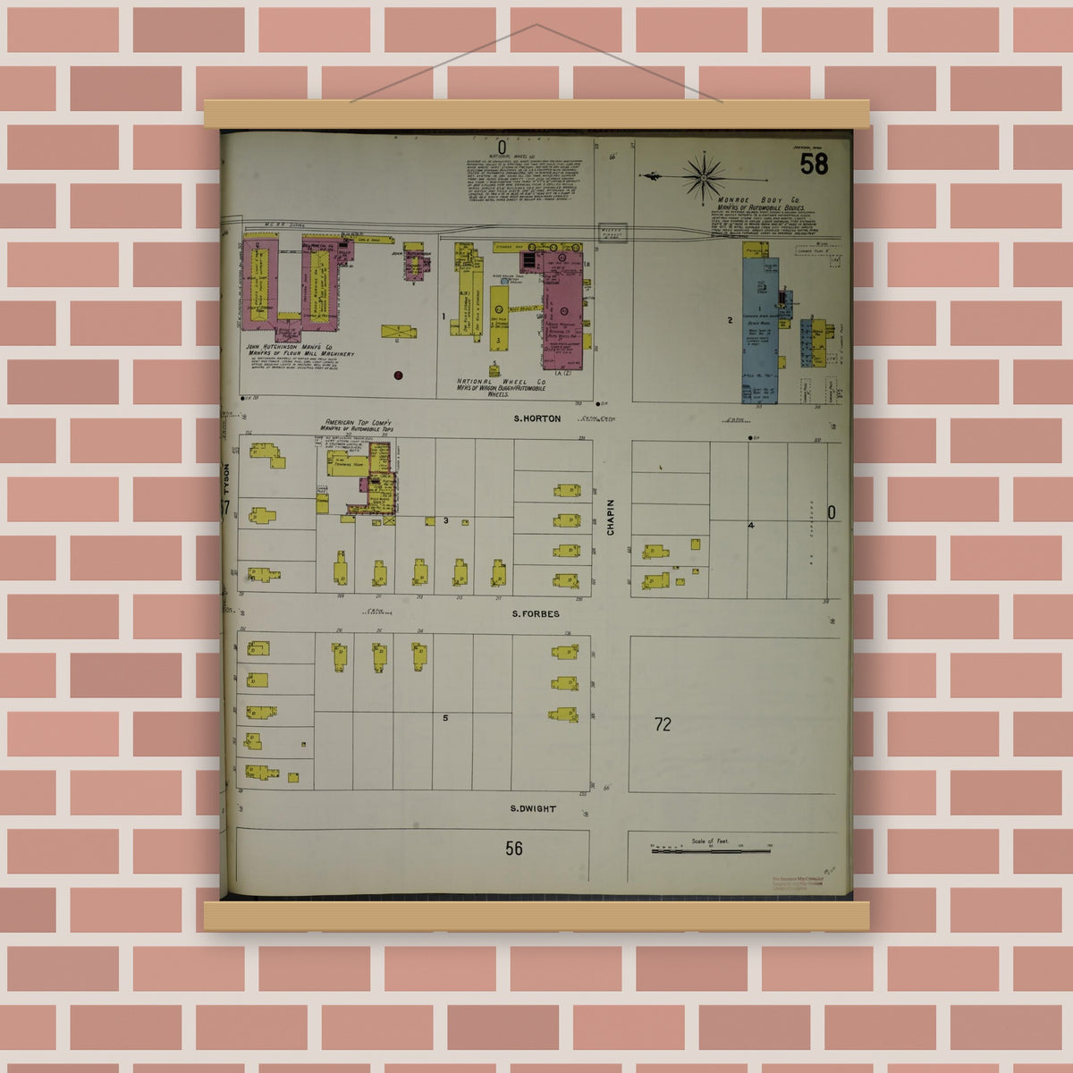 Old map wall art mockup — magnetic wood frame on brick wall — Sanborn Fire Insurance Map from Jackson, Jackson County, Michigan (1907), Sheet #0058