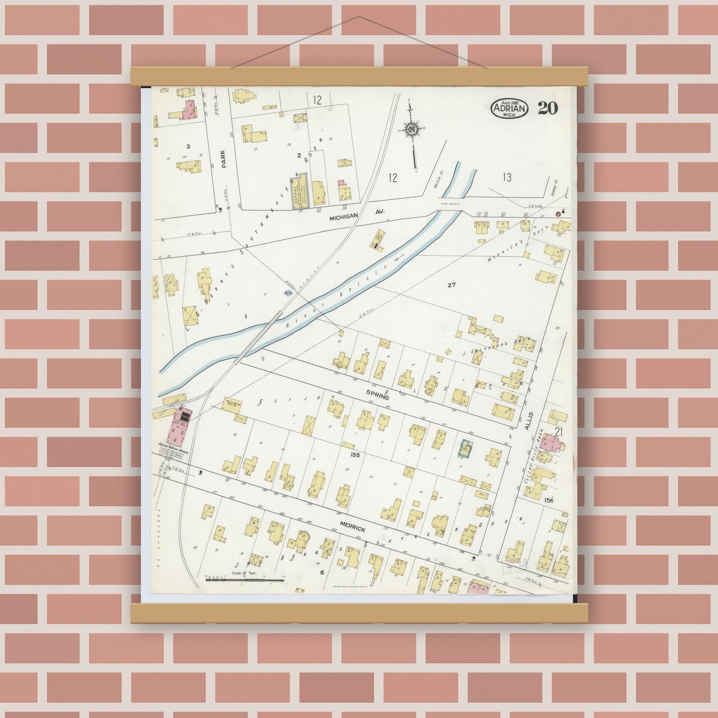 Old map wall art mockup — magnetic wood frame on brick wall — Sanborn Fire Insurance Map from Adrian, Lenawee County, Michigan (1916), Sheet #0020