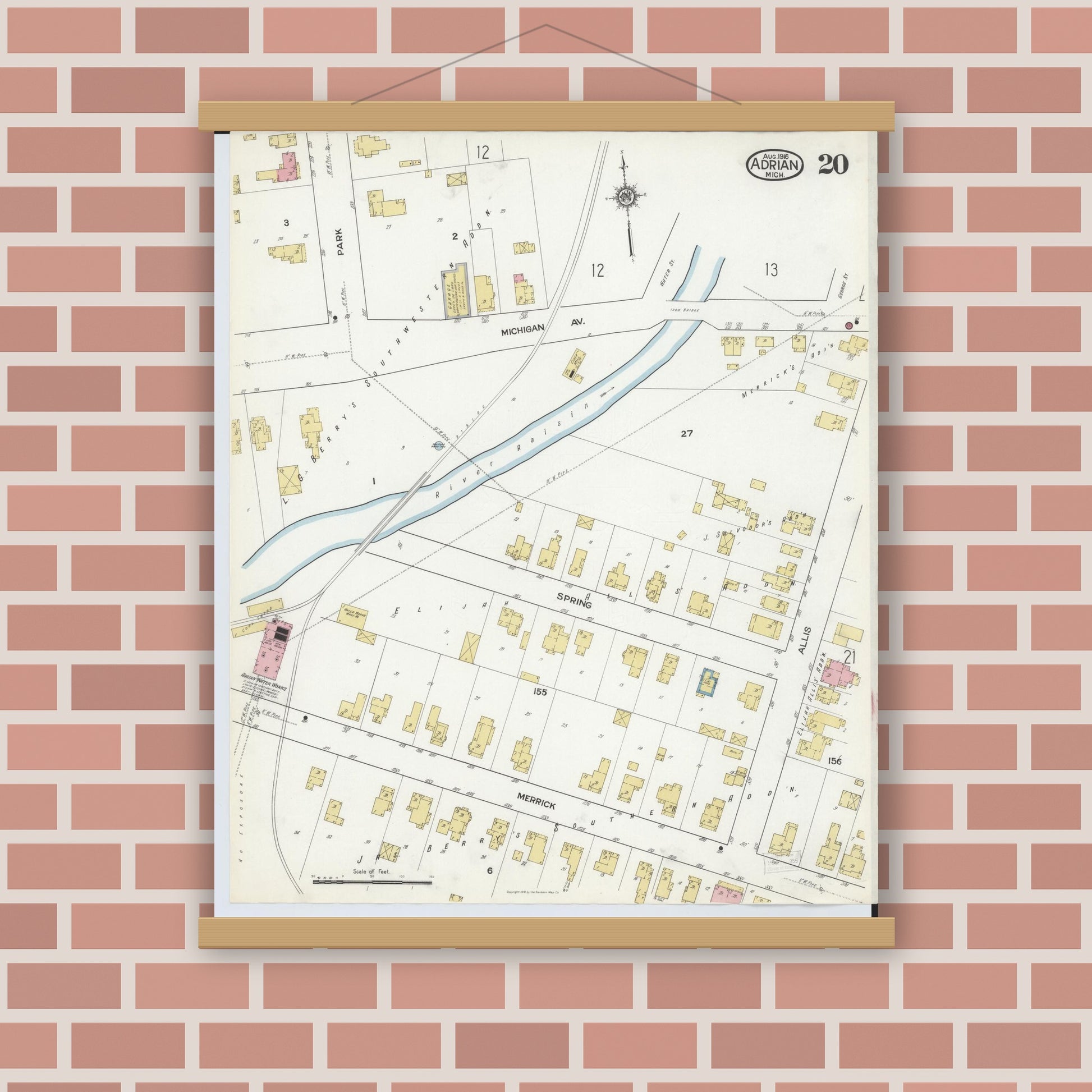 Old map wall art mockup — magnetic wood frame on brick wall — Sanborn Fire Insurance Map from Adrian, Lenawee County, Michigan (1916), Sheet #0020