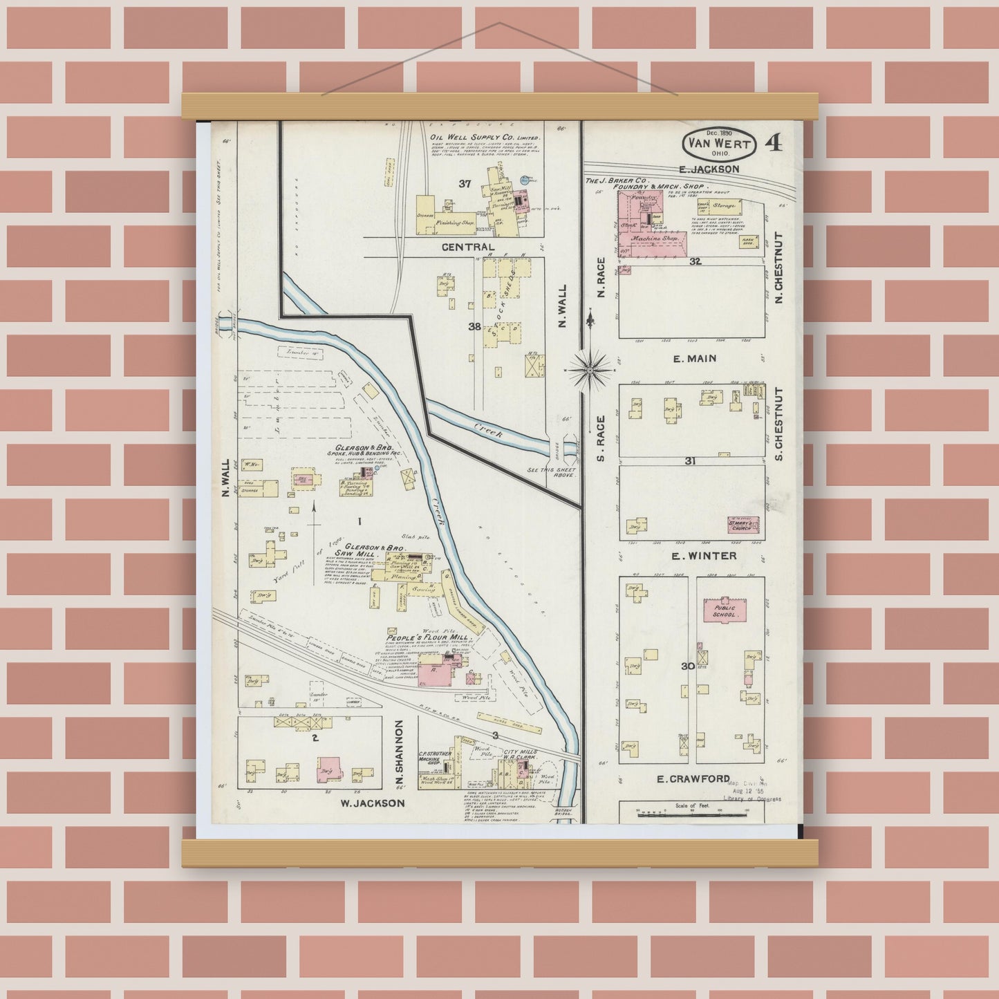 Old map wall art mockup — magnetic wood frame on brick wall — Sanborn Fire Insurance Map from Van Wert, Van Wert County, Ohio (1890), Sheet #0004