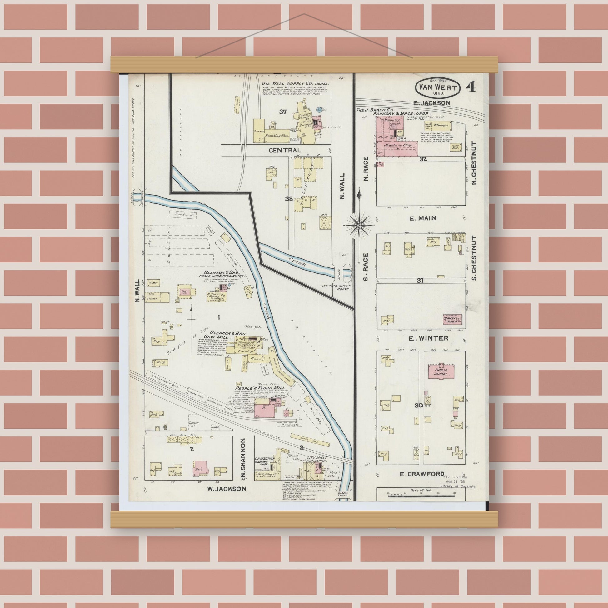 Old map wall art mockup — magnetic wood frame on brick wall — Sanborn Fire Insurance Map from Van Wert, Van Wert County, Ohio (1890), Sheet #0004