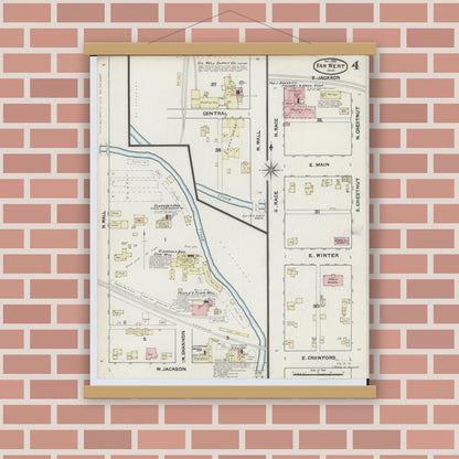 Old map wall art mockup — magnetic wood frame on brick wall — Sanborn Fire Insurance Map from Van Wert, Van Wert County, Ohio (1890), Sheet #0004
