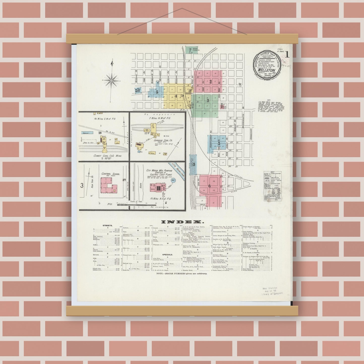 Old map wall art mockup — magnetic wood frame on brick wall — Sanborn Fire Insurance Map from Wellston, Jackson County, Ohio (1897) - Complete Map Set