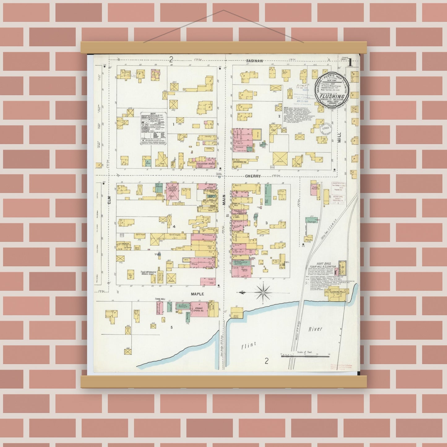 Old map wall art mockup — magnetic wood frame on brick wall — Sanborn Fire Insurance Map from Flushing, Genesee County, Michigan (1900) - Complete Map Set