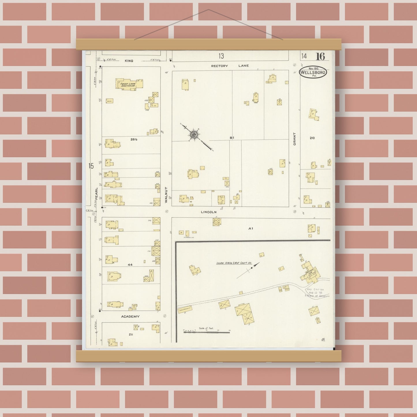 Old map wall art mockup — magnetic wood frame on brick wall — Sanborn Fire Insurance Map from Wellsboro, Tioga County, Pennsylvania (1910), Sheet #0016