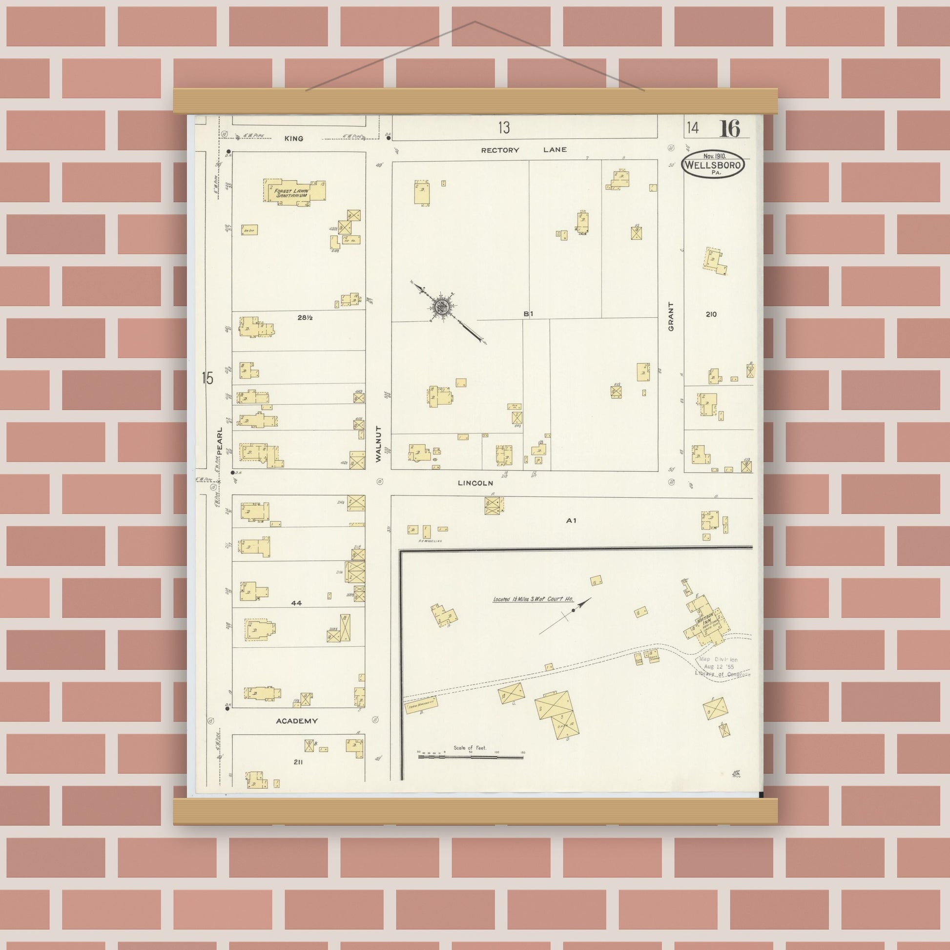Old map wall art mockup — magnetic wood frame on brick wall — Sanborn Fire Insurance Map from Wellsboro, Tioga County, Pennsylvania (1910), Sheet #0016