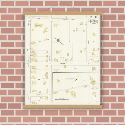 Old map wall art mockup — magnetic wood frame on brick wall — Sanborn Fire Insurance Map from Wellsboro, Tioga County, Pennsylvania (1910), Sheet #0016