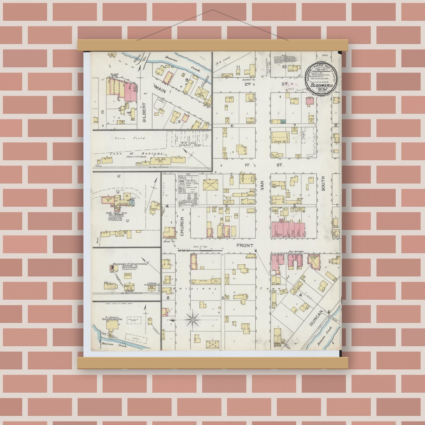 Old map wall art mockup — magnetic wood frame on brick wall — Sanborn Fire Insurance Map from Bloomer, Chippewa County, Wisconsin (1893), Sheet #0001
