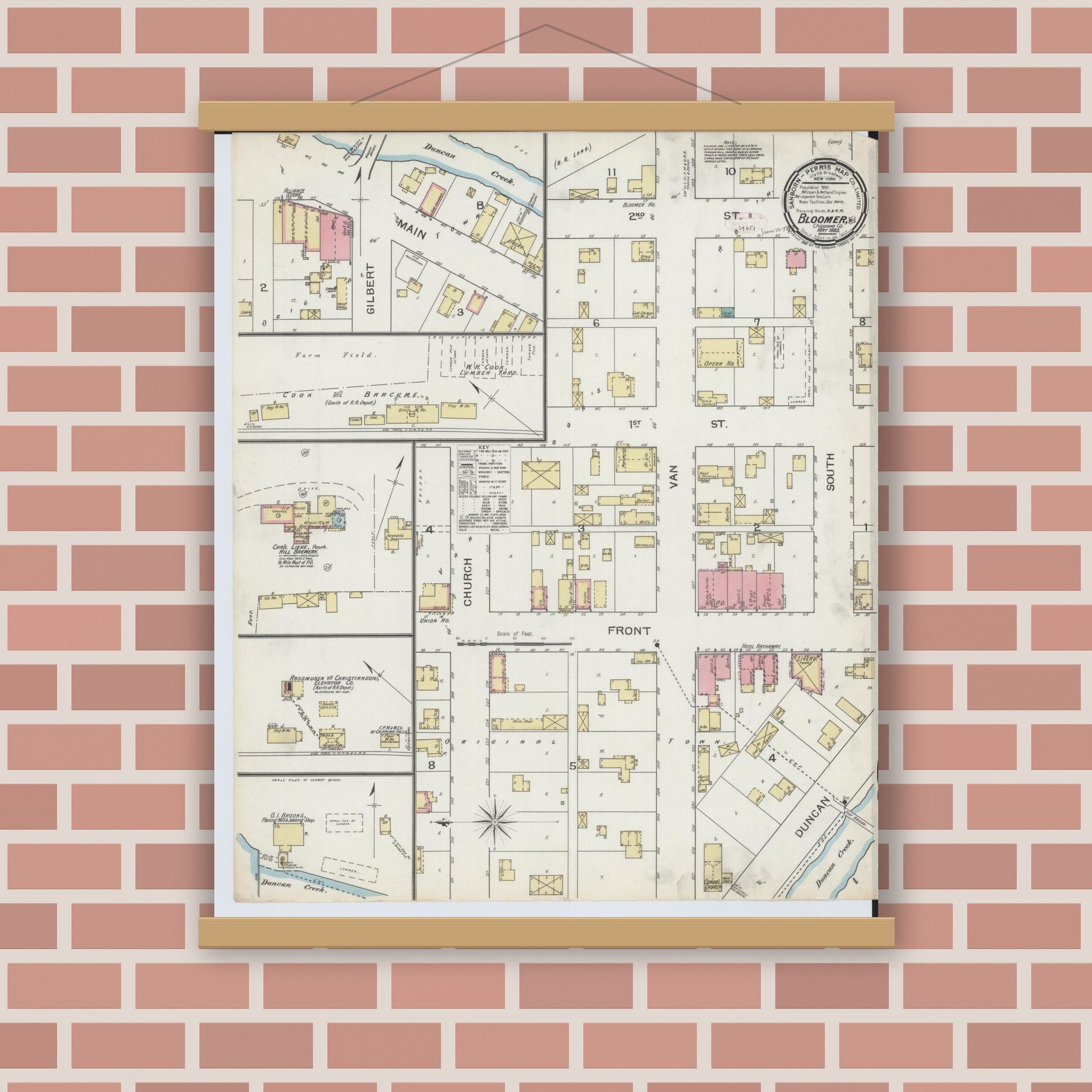 Old map wall art mockup — magnetic wood frame on brick wall — Sanborn Fire Insurance Map from Bloomer, Chippewa County, Wisconsin (1893), Sheet #0001