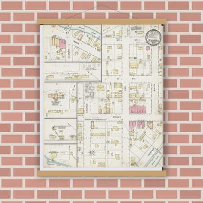 Old map wall art mockup — magnetic wood frame on brick wall — Sanborn Fire Insurance Map from Bloomer, Chippewa County, Wisconsin (1893), Sheet #0001