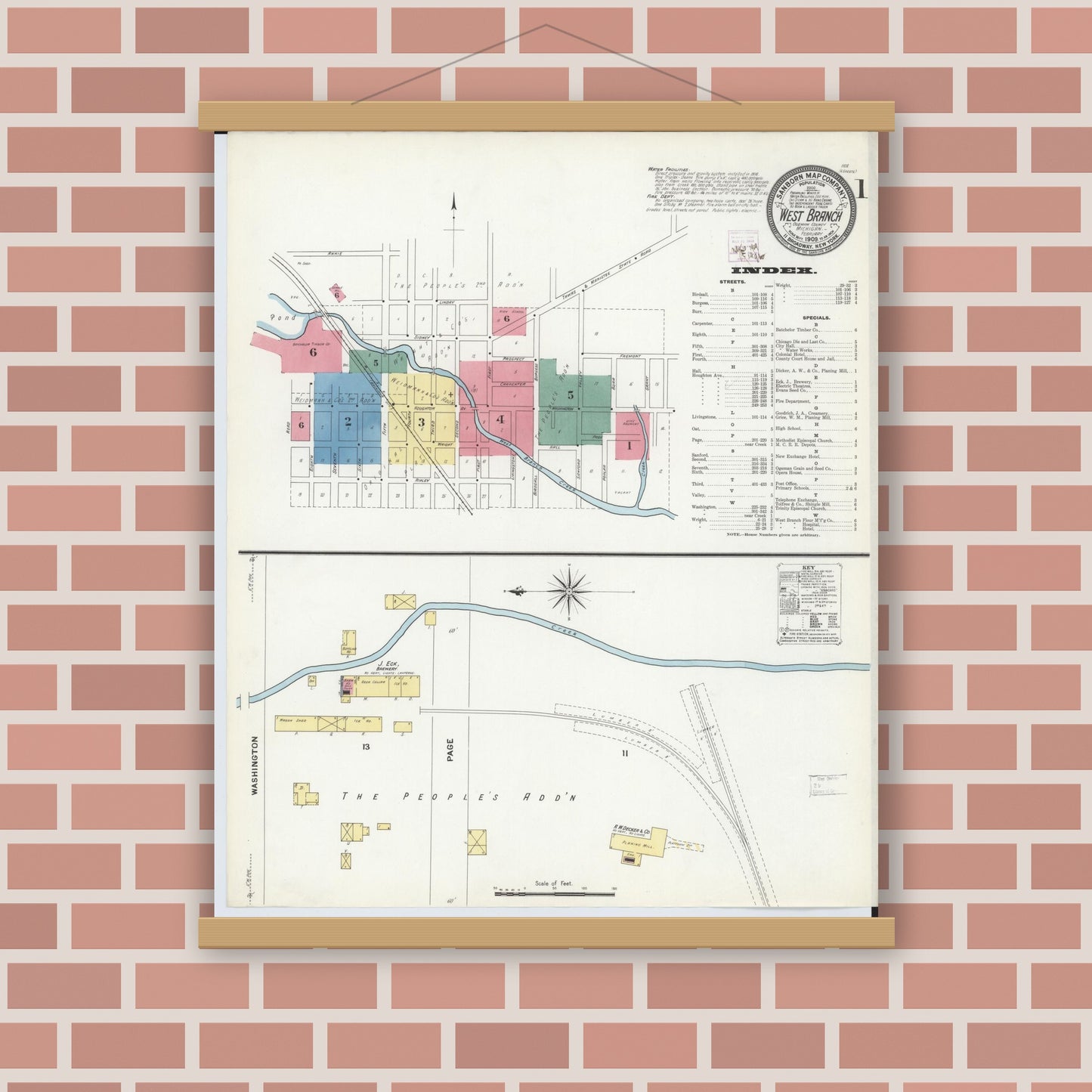 Old map wall art mockup — magnetic wood frame on brick wall — Sanborn Fire Insurance Map from West Branch, Ogemaw County, Michigan (1909) - Complete Map Set