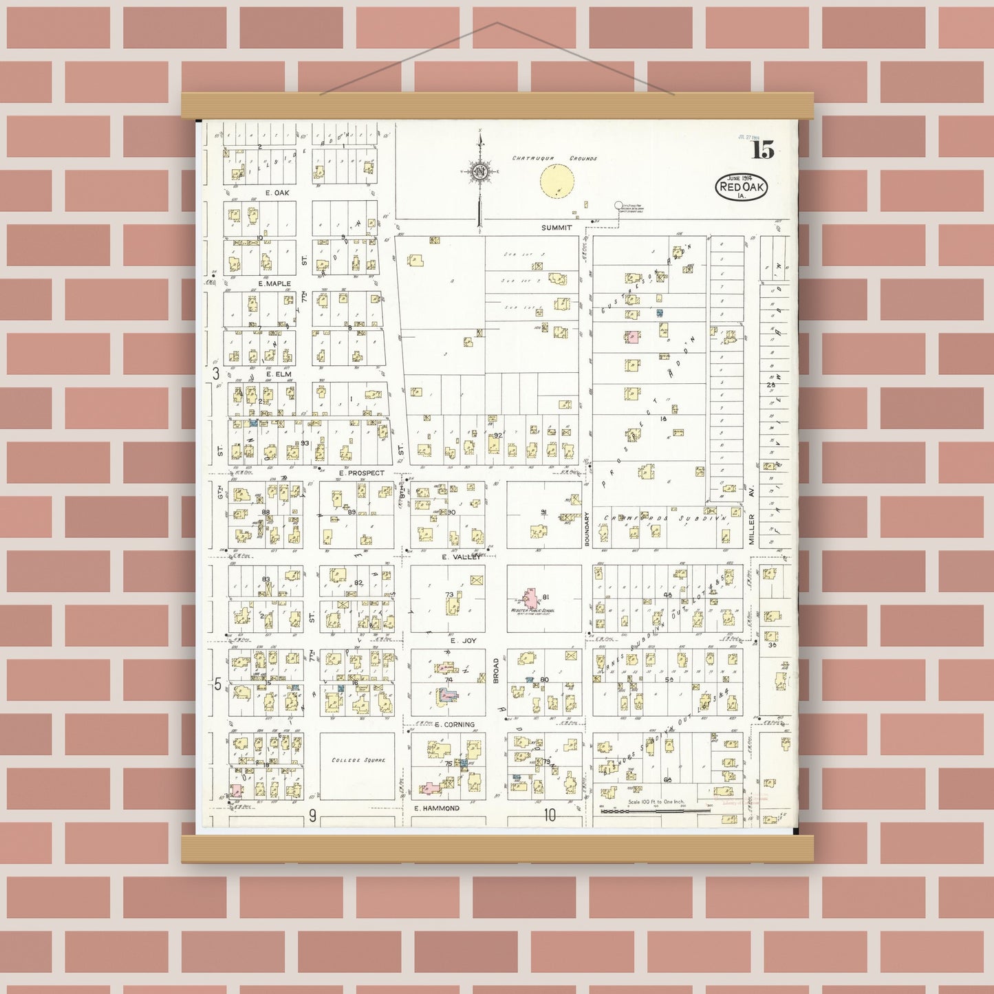 Old map wall art mockup — magnetic wood frame on brick wall — Sanborn Fire Insurance Map from Red Oak, Montgomery County, Iowa (1914), Sheet #0015