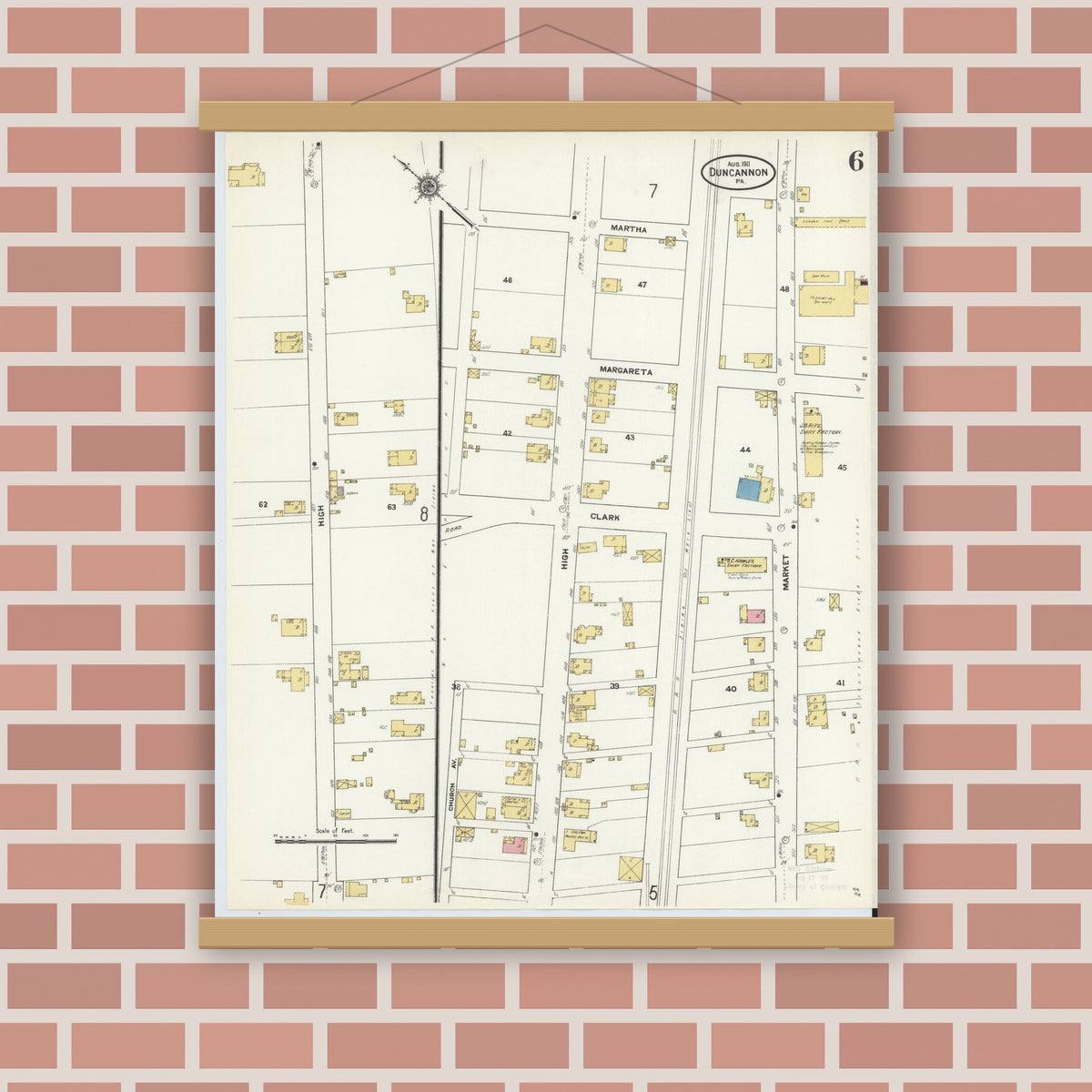 Old map wall art mockup — magnetic wood frame on brick wall — Sanborn Fire Insurance Map from Duncannon, Perry County, Pennsylvania (1911), Sheet #0006