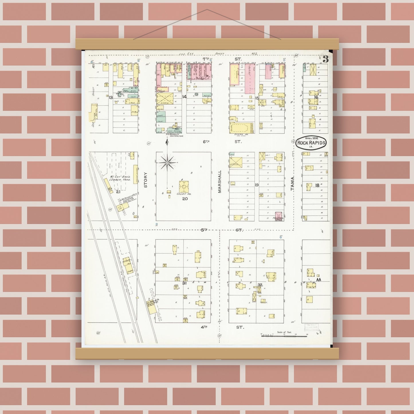 Old map wall art mockup — magnetic wood frame on brick wall — Sanborn Fire Insurance Map from Rock Rapids, Lyon County, Iowa (1892), Sheet #0003