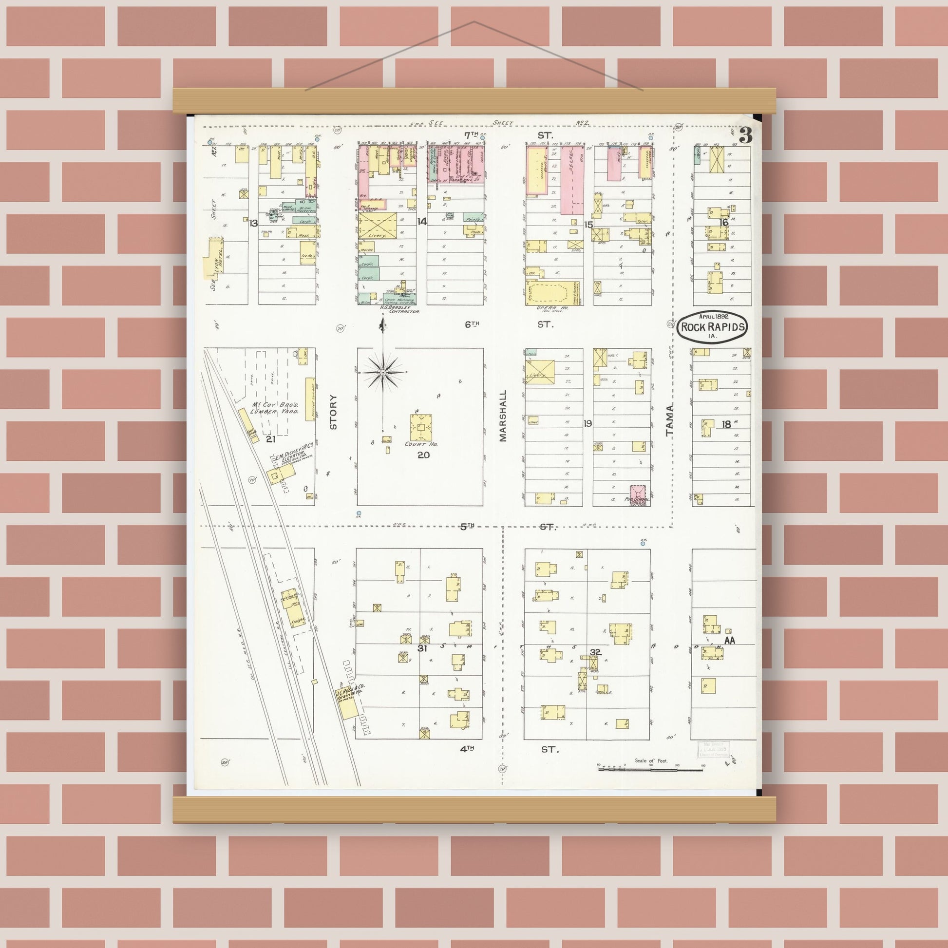 Old map wall art mockup — magnetic wood frame on brick wall — Sanborn Fire Insurance Map from Rock Rapids, Lyon County, Iowa (1892), Sheet #0003