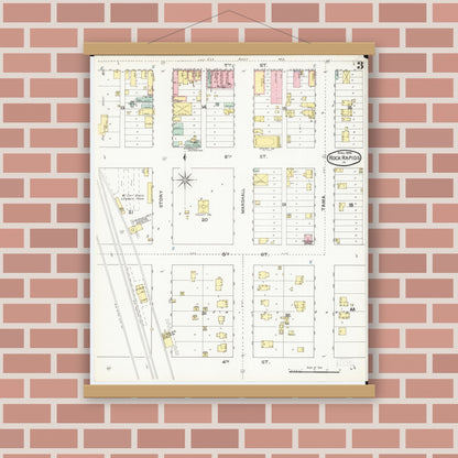 Old map wall art mockup — magnetic wood frame on brick wall — Sanborn Fire Insurance Map from Rock Rapids, Lyon County, Iowa (1892), Sheet #0003