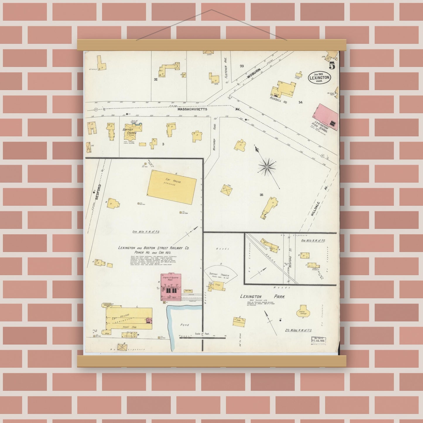 Old map wall art mockup — magnetic wood frame on brick wall — Sanborn Fire Insurance Map from Lexington, Middlesex County, Massachusetts (1903), Sheet #0005