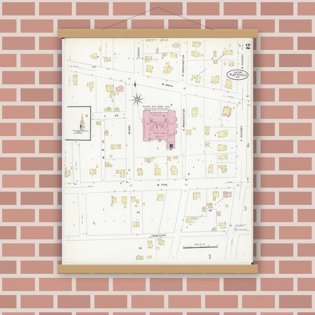 Old map wall art mockup — magnetic wood frame on brick wall — Sanborn Fire Insurance Map from Platteville, Grant County, Wisconsin (1908), Sheet #0002