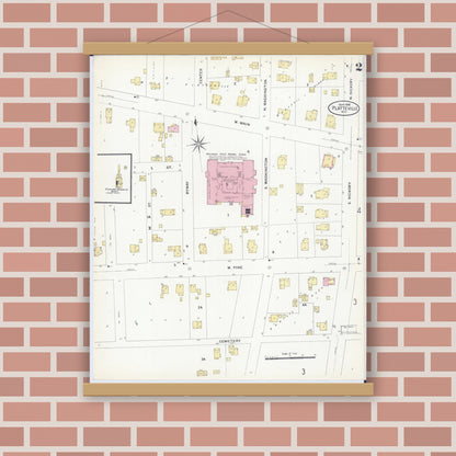 Old map wall art mockup — magnetic wood frame on brick wall — Sanborn Fire Insurance Map from Platteville, Grant County, Wisconsin (1908), Sheet #0002