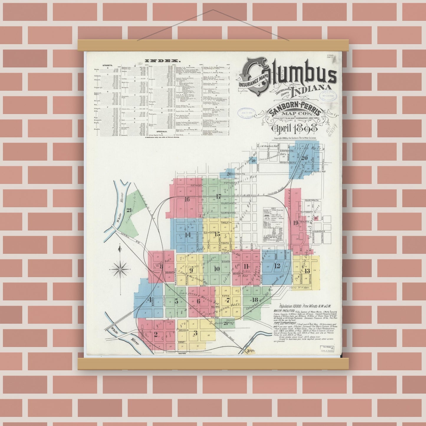 Old map wall art mockup — magnetic wood frame on brick wall — Sanborn Fire Insurance Map from Columbus, Bartholomew County, Indiana (1898) - Complete Map Set