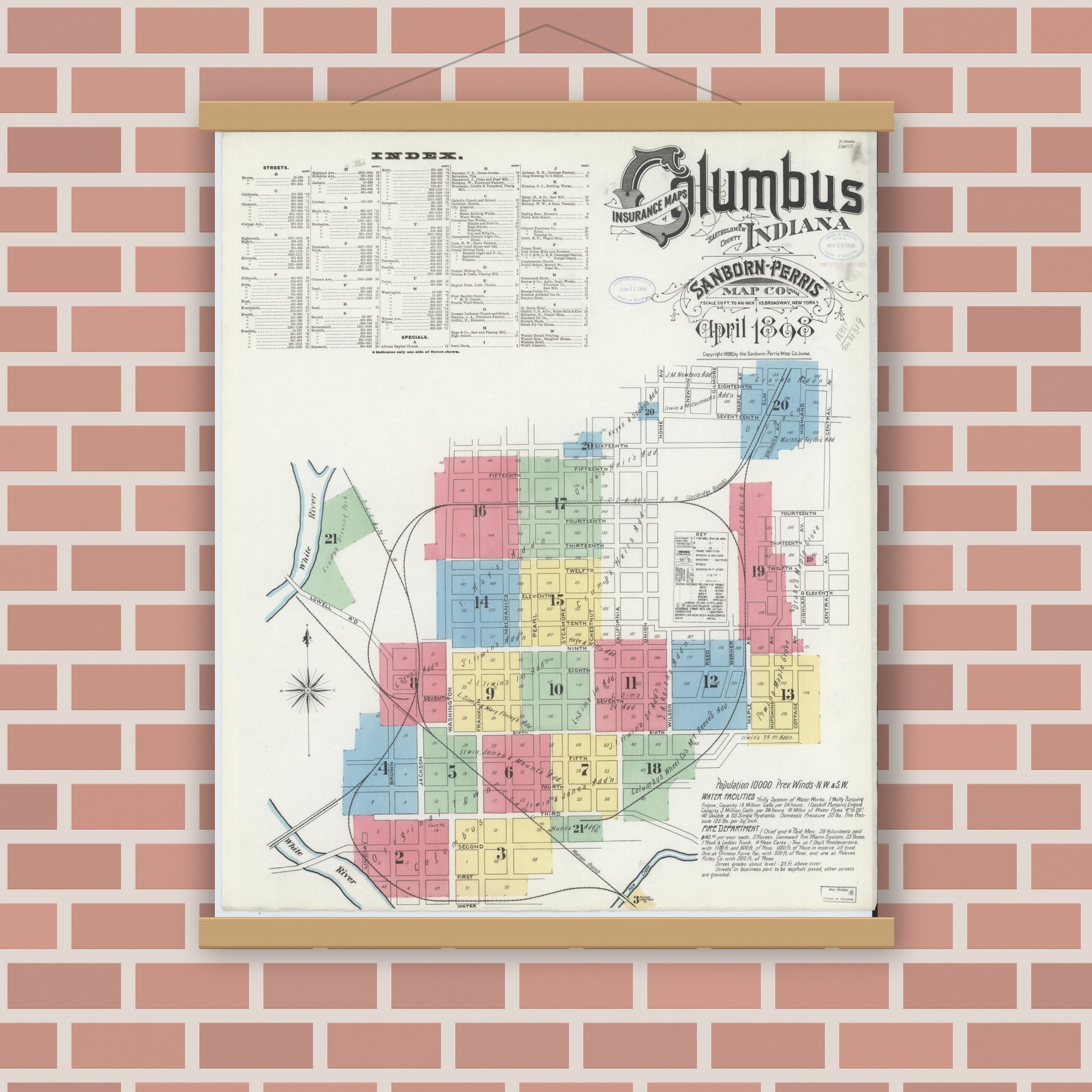 Old map wall art mockup — magnetic wood frame on brick wall — Sanborn Fire Insurance Map from Columbus, Bartholomew County, Indiana (1898) - Complete Map Set