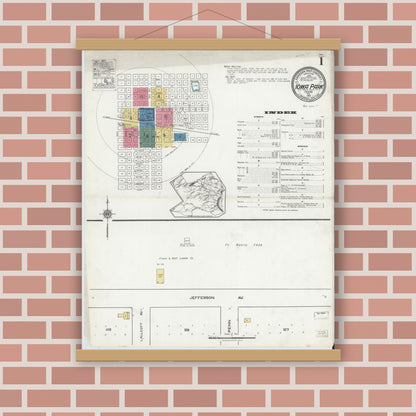 Old map wall art mockup — magnetic wood frame on brick wall — Sanborn Fire Insurance Map from Iowa Park, Wichita County, Texas (1921), Sheet #0001