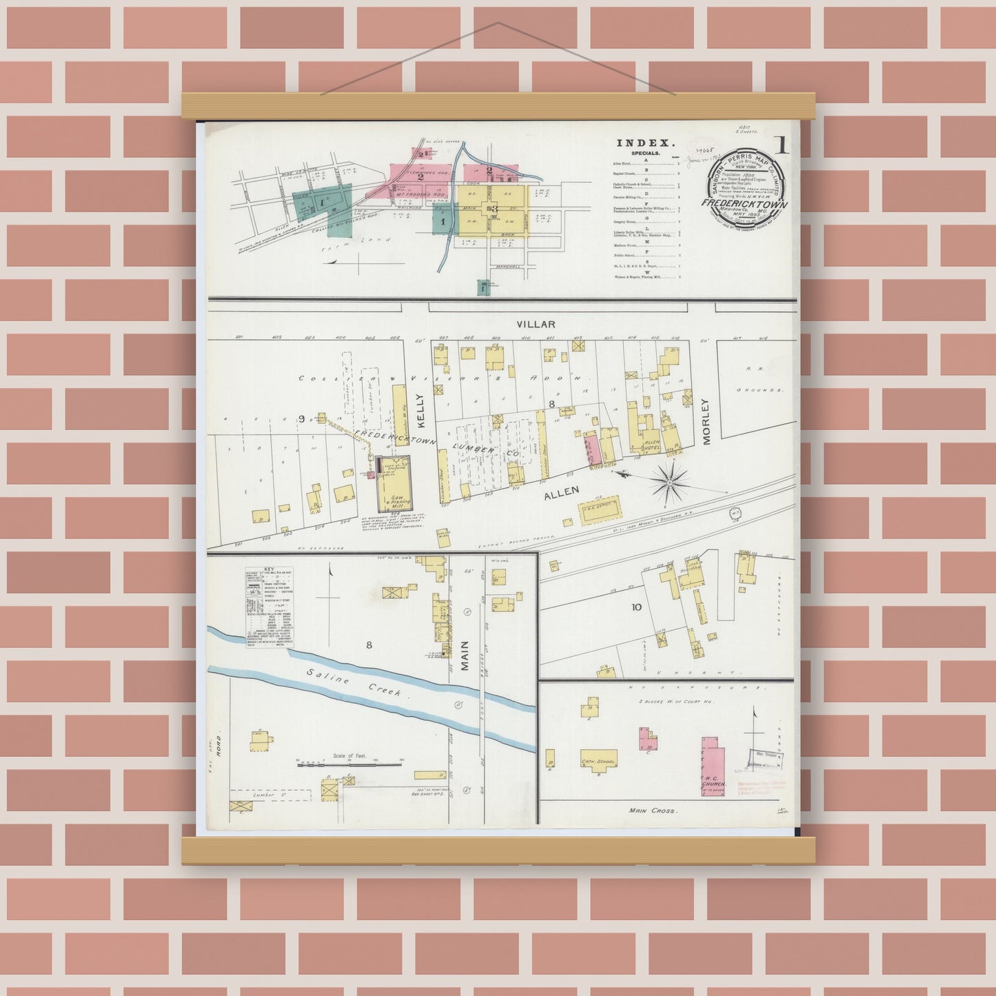 Old map wall art mockup — magnetic wood frame on brick wall — Sanborn Fire Insurance Map from Fredericktown, Madison County, Missouri (1893) - Complete Map Set