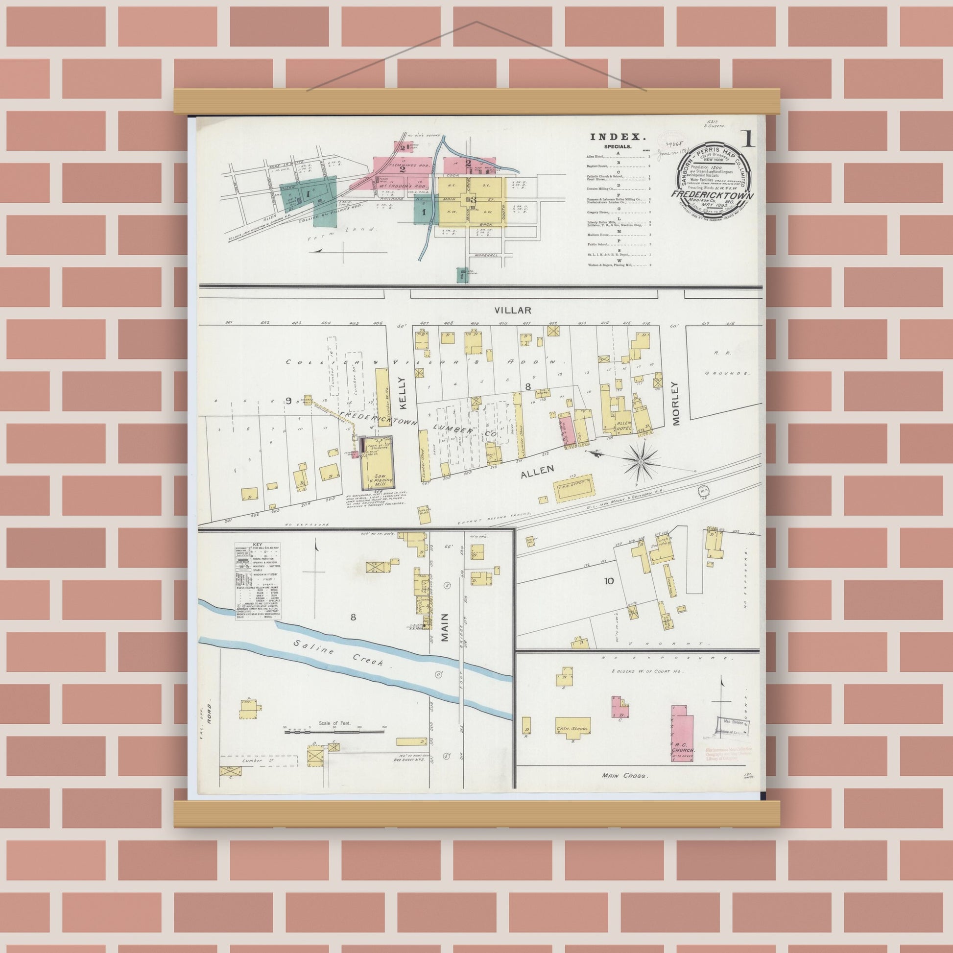 Old map wall art mockup — magnetic wood frame on brick wall — Sanborn Fire Insurance Map from Fredericktown, Madison County, Missouri (1893) - Complete Map Set