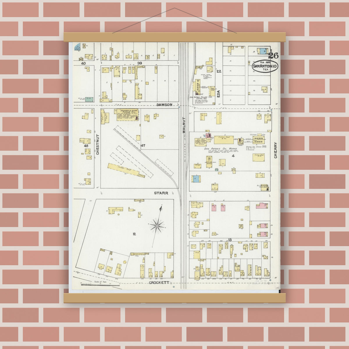 Old map wall art mockup — magnetic wood frame on brick wall — Sanborn Fire Insurance Map from San Antonio, Bexar County, Texas (1892), Sheet #0026