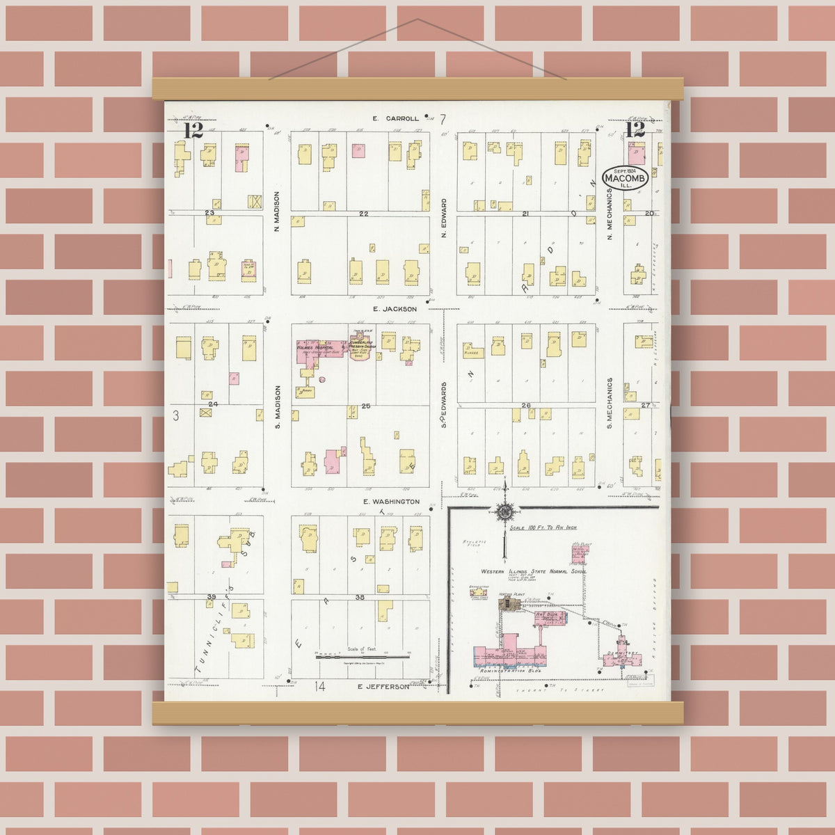Old map wall art mockup — magnetic wood frame on brick wall — Sanborn Fire Insurance Map from Macomb, Mcdonough County, Illinois (1924), Sheet #0012