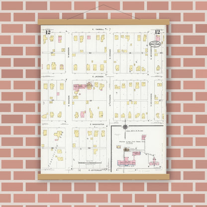 Old map wall art mockup — magnetic wood frame on brick wall — Sanborn Fire Insurance Map from Macomb, Mcdonough County, Illinois (1924), Sheet #0012