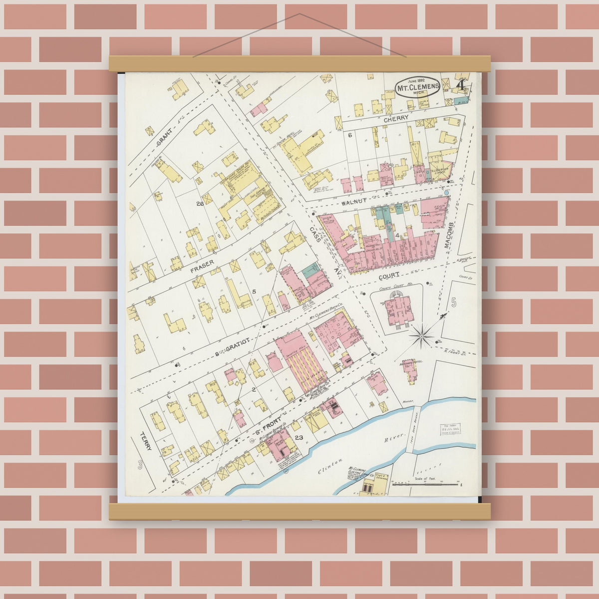 Old map wall art mockup — magnetic wood frame on brick wall — Sanborn Fire Insurance Map from Mount Clemens, Macomb County, Michigan (1892), Sheet #0004