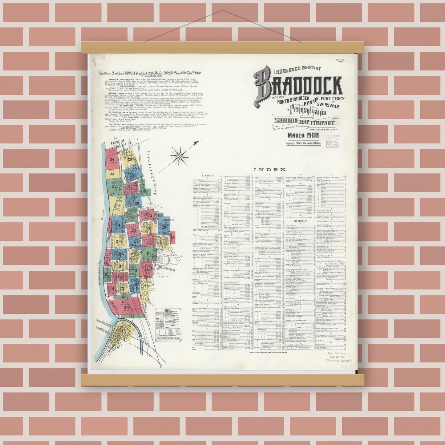 Old map wall art mockup — magnetic wood frame on brick wall — Sanborn Fire Insurance Map from Braddock, Allegheny County, Pennsylvania (1908) - Complete Map Set