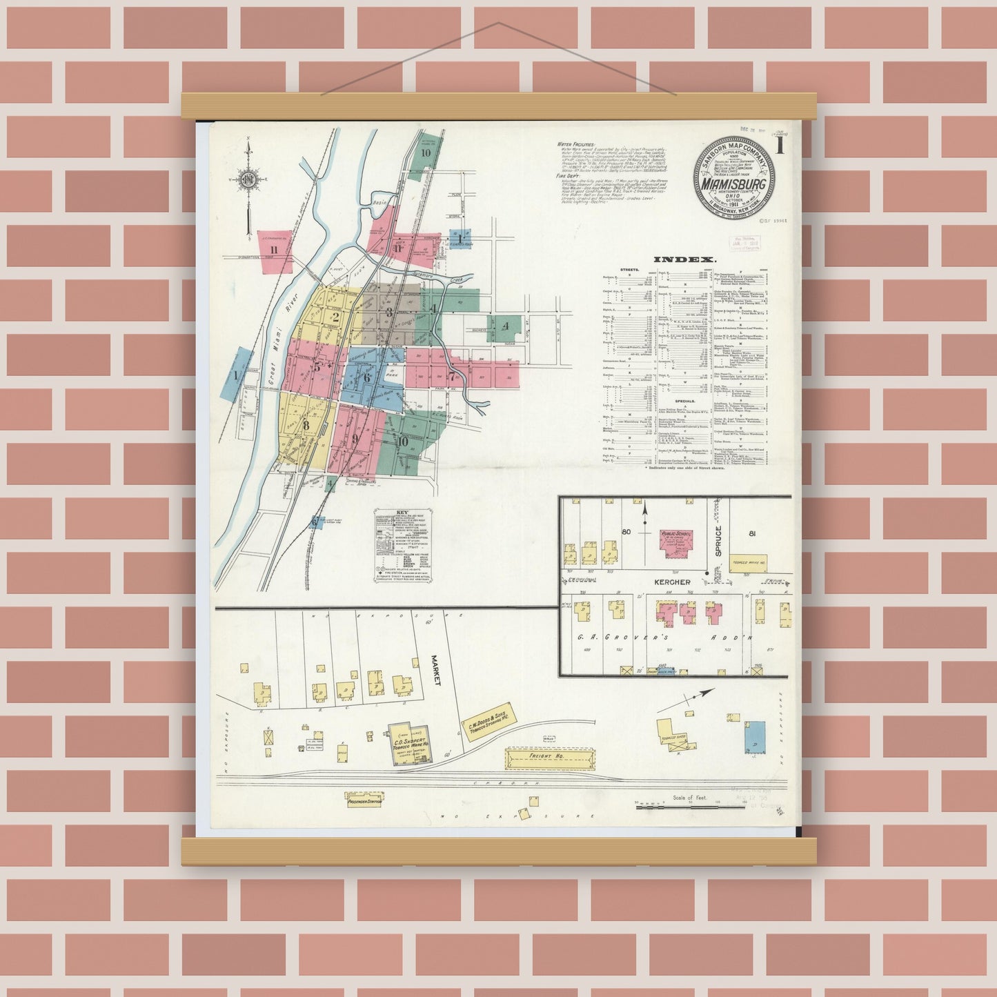 Old map wall art mockup — magnetic wood frame on brick wall — Sanborn Fire Insurance Map from Miamisburg, Montgomery County, Ohio (1911), Sheet #0001