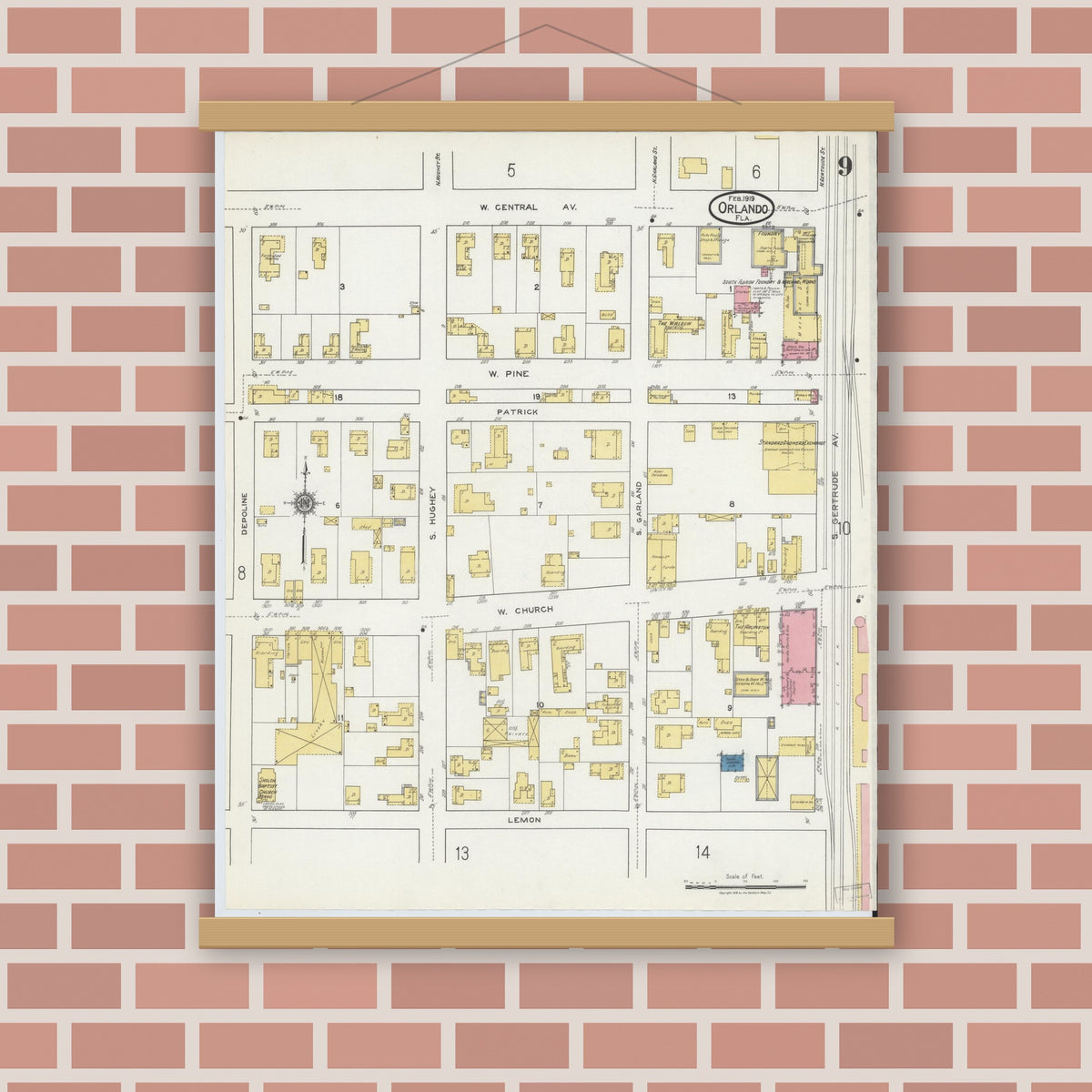 Old map wall art mockup — magnetic wood frame on brick wall — Sanborn Fire Insurance Map from Orlando, Orange County, Florida (1919), Sheet #0009